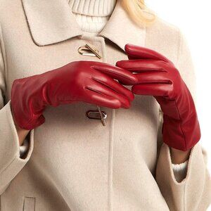 Women's Red Lambskin Leather Gloves Warm Cashmere Lined Wrist Elasticity